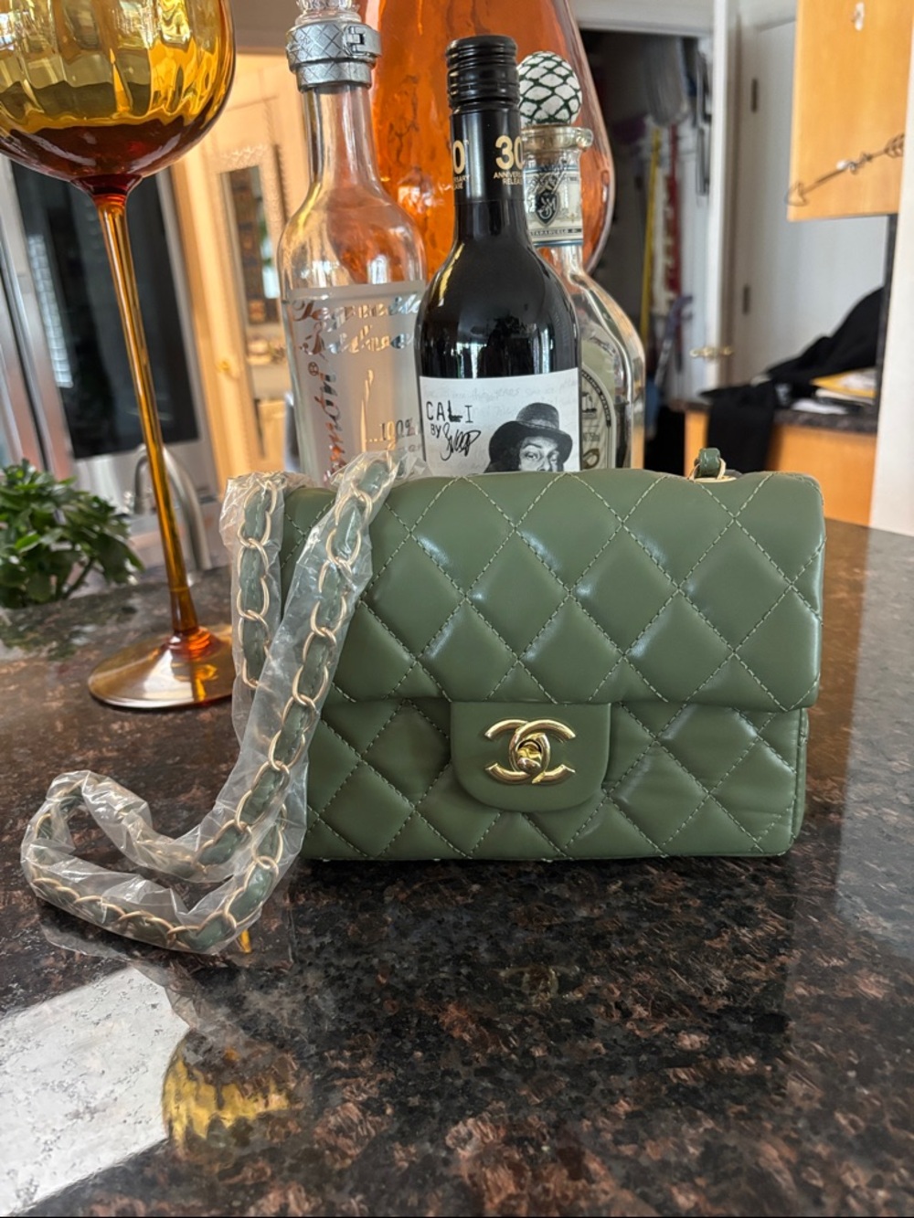 Source Unknown Olive Green Quilted Shoulder Bag with Gold Hardware